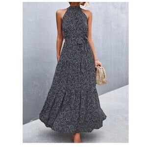 Polka Dot Maxi Dress Halter Neck Sleeveless Casual Summer Dress
